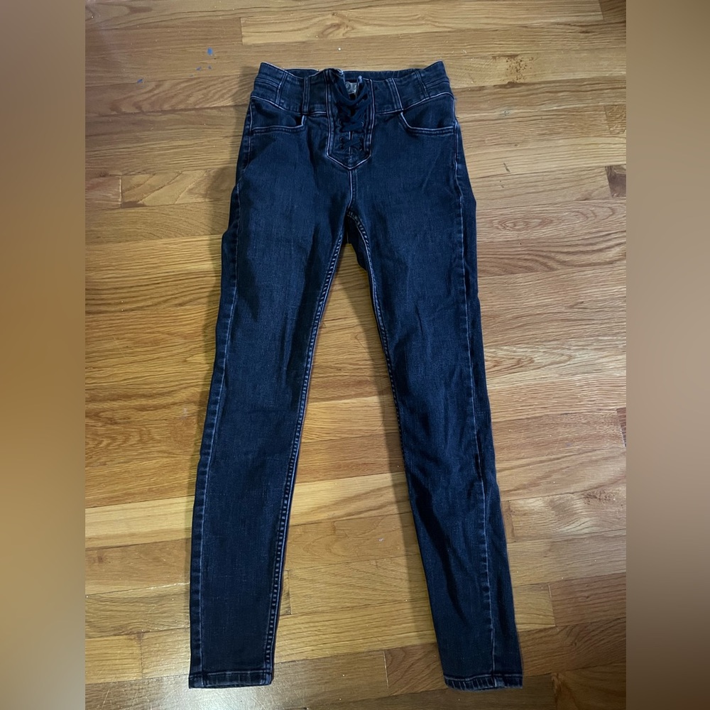 Free People Lace Up Black High Rise Skinny Jeans